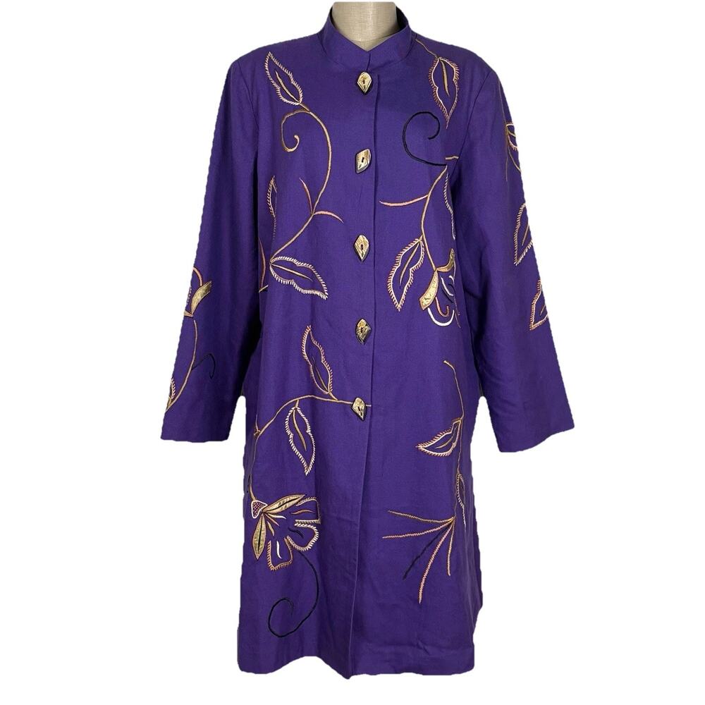 Vintage Indigo Moon Embroidered Long Duster Coat Jacket Purple Size Large Boho